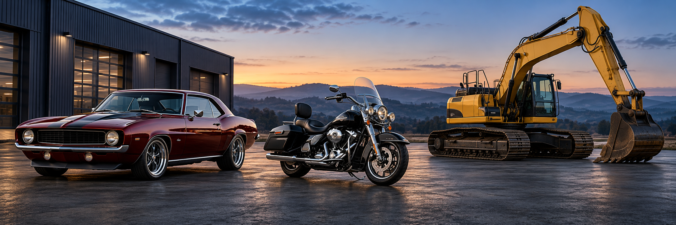 Classic Muscle, Touring Bike, Excavator at Dawn