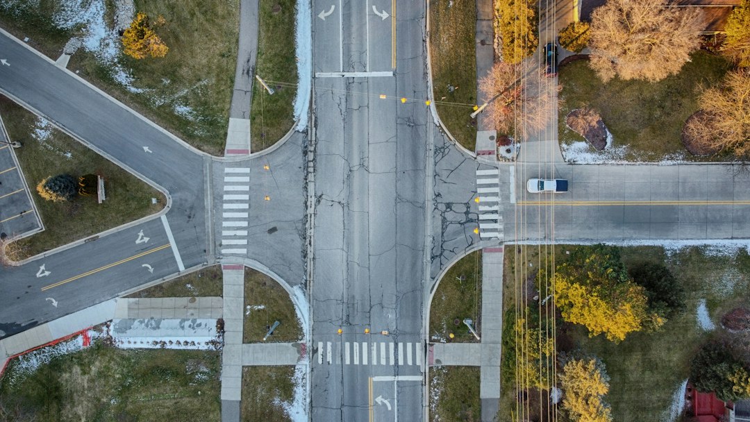 Overhead view of a road intersection and its surrounding layout