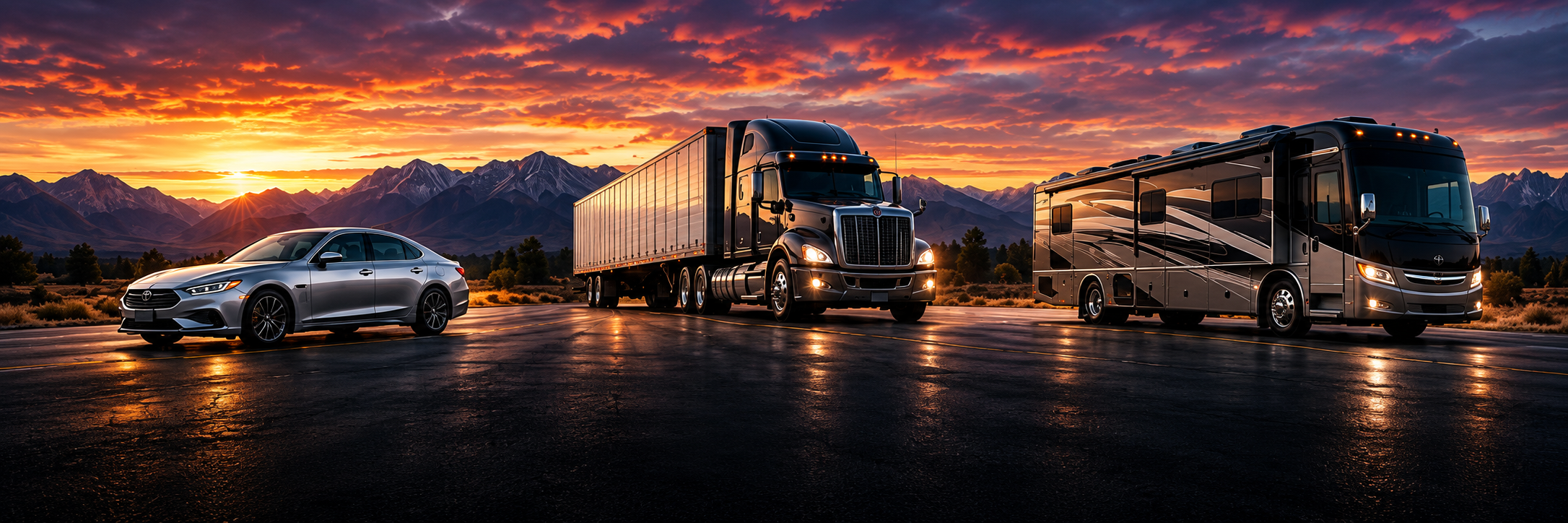 Silver Sedan, Semi, And Motorhome At Sunset